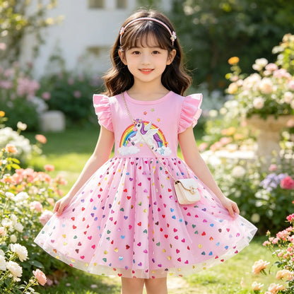 2026 Korean Style Girls Summer Unicorn Print Dress Short Sleeve Tulle Princess Gown Kids Casual Party Clothes for South Korea