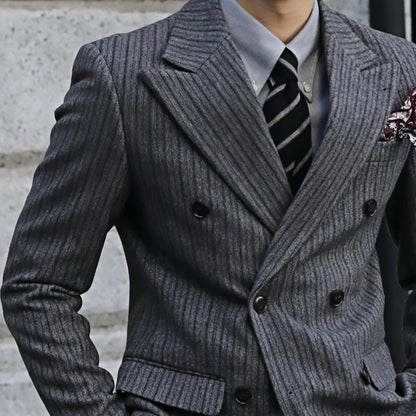 New Thick Style Stripes Herringbone Pattern Men's 2-Piece Suit Double-Breasted Slim Fit Jacket Trousers Vintage Braze Suit