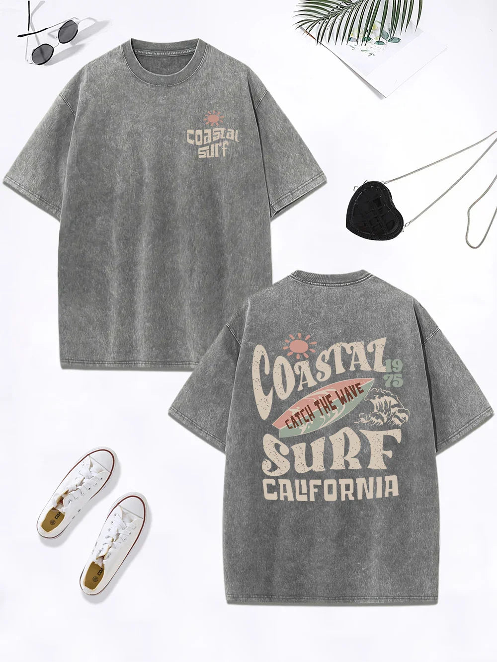 Surf Catch The Wave California Prints Washed T-Shirt Women Cotton Oversize Tops Distressed O-Neck T Shirt Summer Clothes