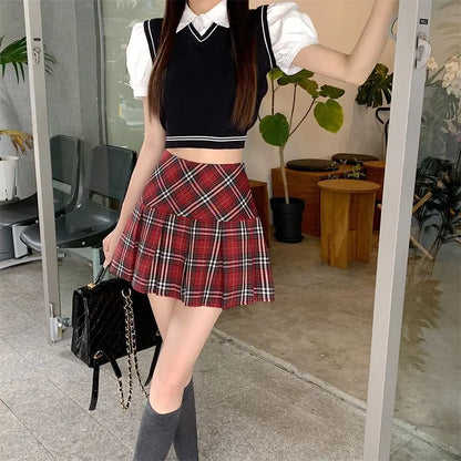 Summer 2024 Vintage Korean Style High Waist Patchwork A-line Mini Skirt Harajuku Preppy Fashion Plaid Pleated Skirt Red Women