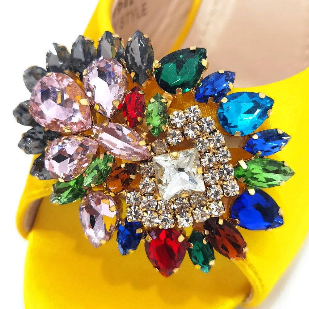 Bolsas e Sapatos de Casamento com Salto Alto Feminino de Festa com Strass Luxuosos na Cor Amarela Elegantes para a Noite