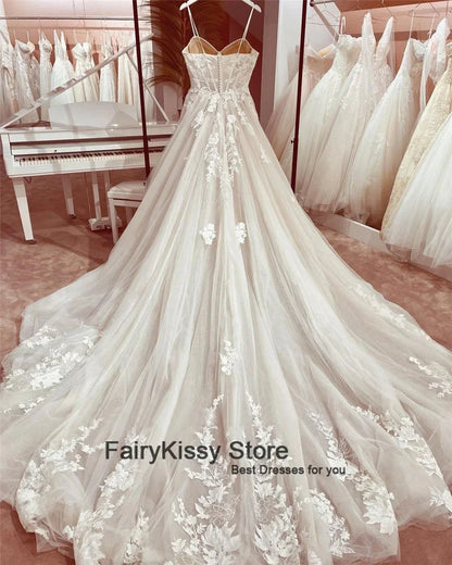 Sexy Spaghetti Straps Nude Mesh See Through Exposed Boning Wedding Dresses Backless Princess Lace Bridal Dress