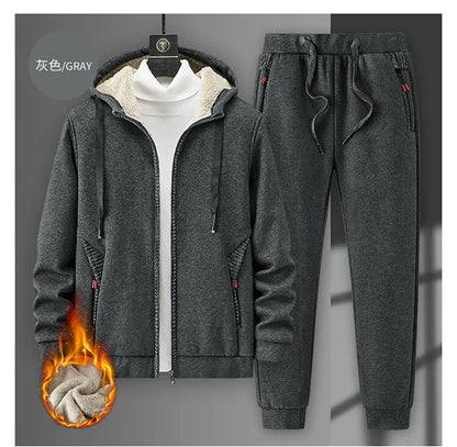 Men's Sets Jacket + pant Warm Fur Winter Sweatshirt Cashmere Tracksuit Men's Sets Fleece Thick Hooded Brand Casual Track Suits