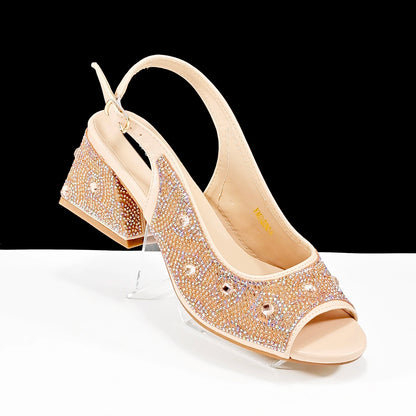 Q Rhinestone Design INS Hot Sale New Arrivals African Shoes and Bag Set in Green Color Open Toe Comfortable Women Heels