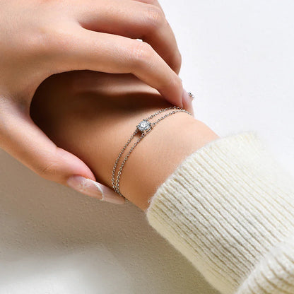 S925 Silver Double Chain Solitaire Moissanite Women Bracelet Adjustable 16+3cm Elegant Everyday Jewelry Gifts Wholesale