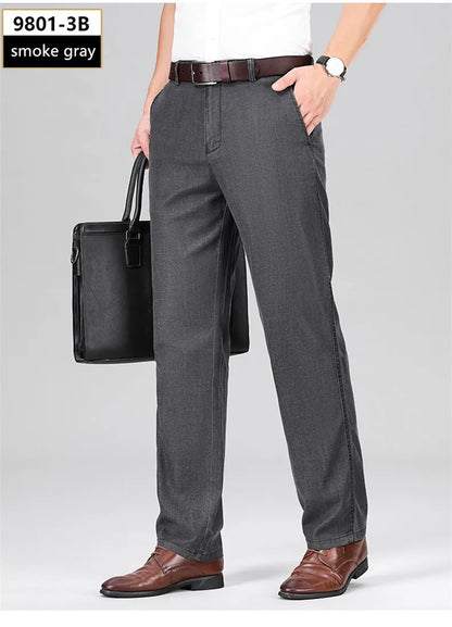 2024 New Men's Summer Thin Jeans Loose Stretch Large Size Ice Silk Straight Pants Elite Business Casual Pants Smoke Gray Blue