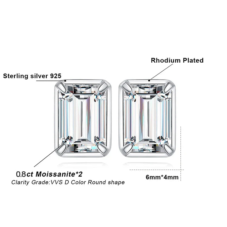 Moissanite D Color 1.6ct/pair Emerald Cut 925 Sterling Silver Stud Earrings for Woman Yellow Rose Gold Plated