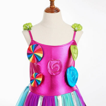 2026 New Candy Dress For Baby Girl Purim Carnival Birthday Costume Fancy Rainbow Short Sleeve Cute Dress + Accessories Set
