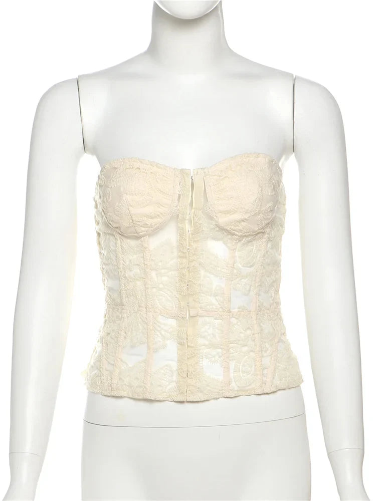 See Through Women Warp Sleeveless Lace Pattern Concealed Metal Buckle Backless Sexy Summer Trend Simple Midnight Mini Top