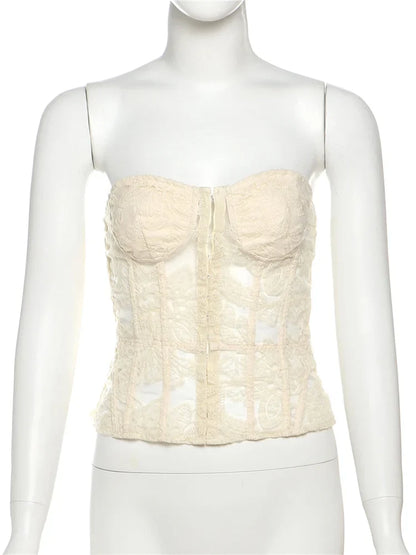 See Through Women Warp Sleeveless Lace Pattern Concealed Metal Buckle Backless Sexy Summer Trend Simple Midnight Mini Top