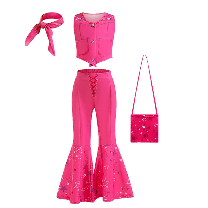 Movie Barbier Halloween Girls Cosplay Costume Peach Princess Dress Vintage Rose Top+Pants+Scarf Street Punk Set Party Clothes