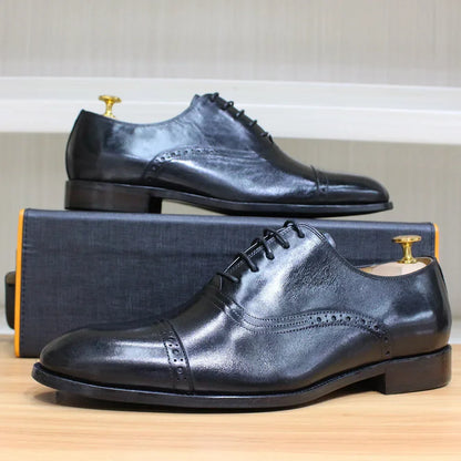 Men's Genuine Leather Oxfords Handmade Cap Toe Dress Shoes Lace-Up Formal Wedding Shoes Business Office Male Footwear