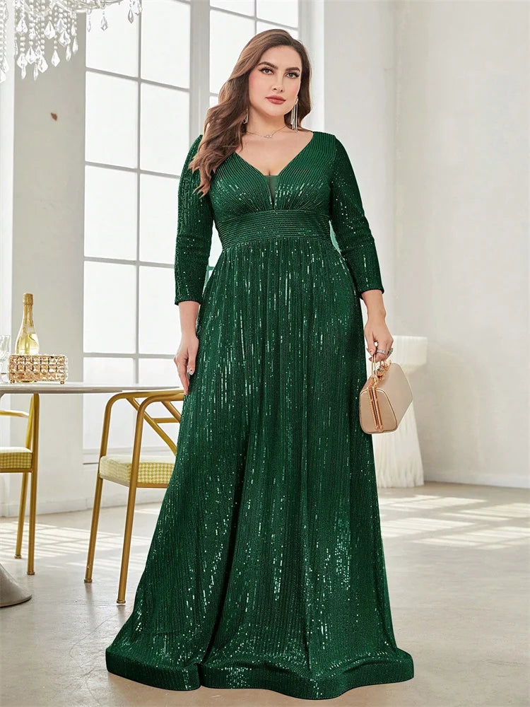Vestidos de Festa Plus Size de Luxo com Decote V Manga Longa Paetês Elegante para Mulheres Casamento Baile Noite Coquetel Formatura