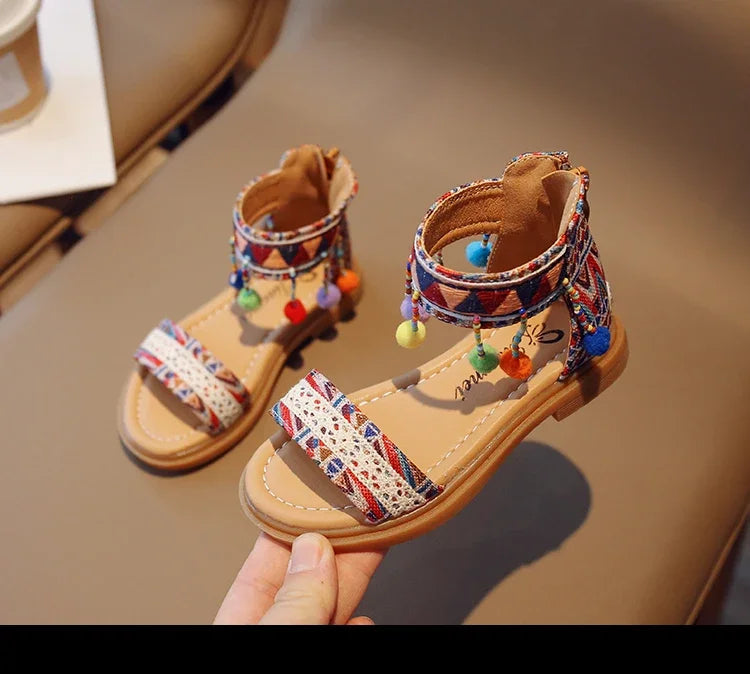Ethnic Style Simple Children Roman Shoes 2024New Soft Breatheable Flats Open-toe Kids Shoes Non-slip Girls Sandals GLADIATOR