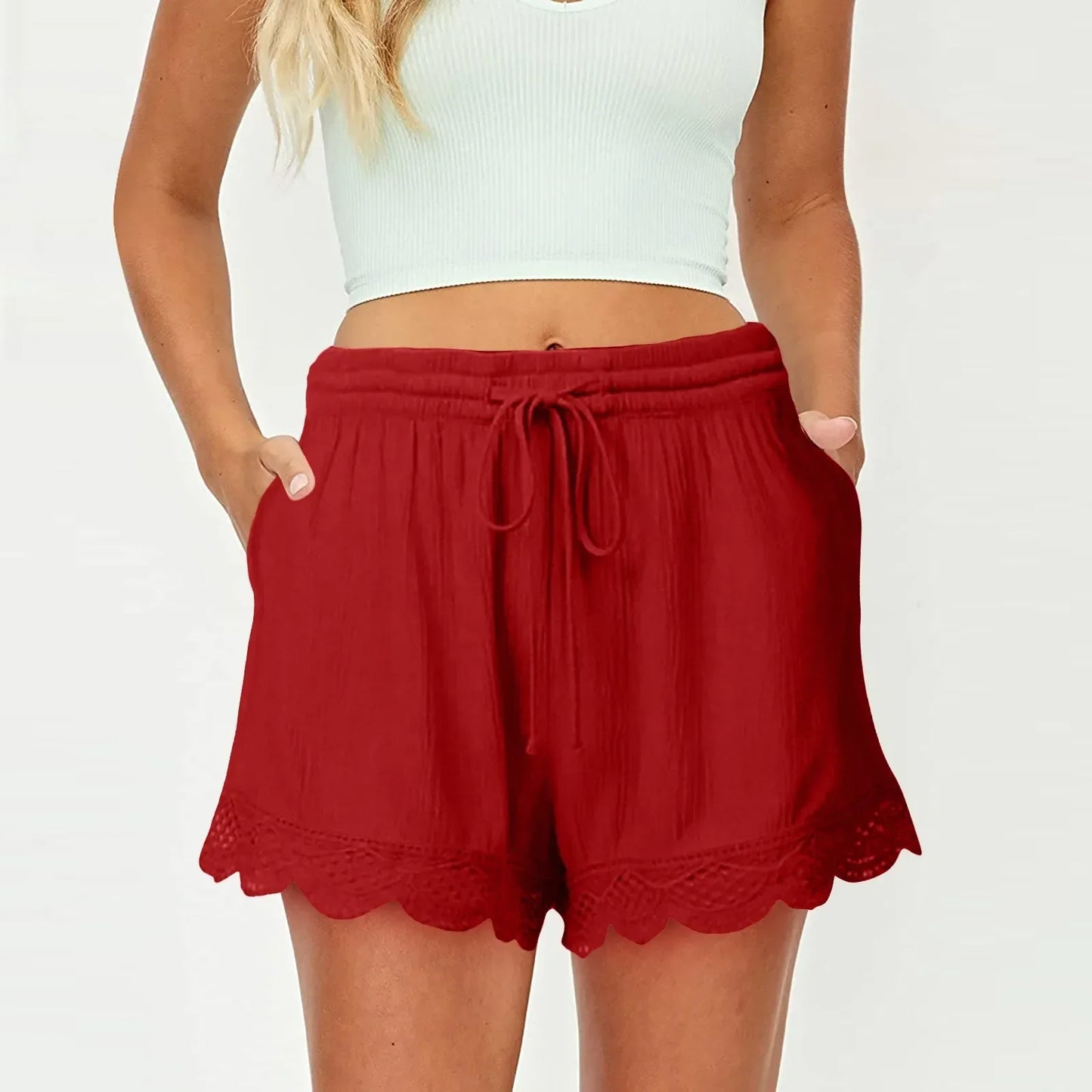 Shorts For Women Ruffle Hem Casual Shorts Plus Size Drawstring  Lace Shorts