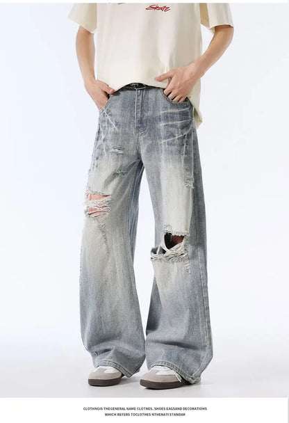Male Ripped Pants Stretch Solid Blue Casual Men's Wide Leg Trousers Office Work Denim Pants Autumn Korean Vintage Straight Pants