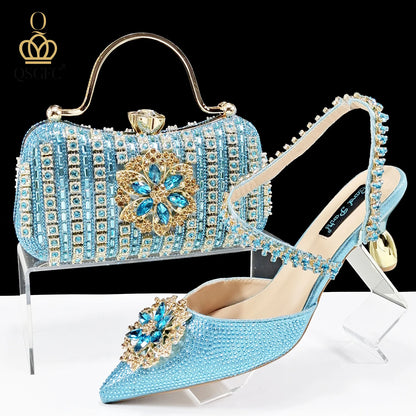 Italian Design Rhinestone-encrusted Ladies Party Women Shoes And Bag  Nigeria Gold Mini Bag Women High Heels