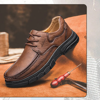 Men's Handmade Thick Rubber Bottom Breathable Casual Leather Shoes Classic Sewn Loafers Comfortable Leisure Footwear