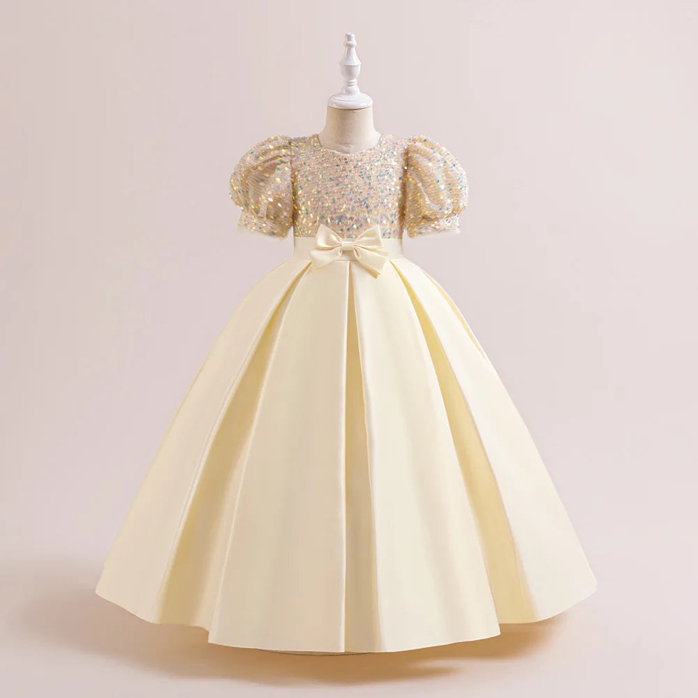 Summer Sequin Bridesmaids Party Girl Dress Elegant Bow Wedding Princess Prom Kids Dress For Girls Gala Birthday Evening Costumes