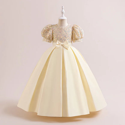 Summer Sequin Bridesmaids Party Girl Dress Elegant Bow Wedding Princess Prom Kids Dress For Girls Gala Birthday Evening Costumes