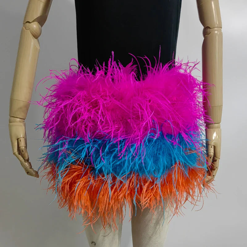 True ostrich feather Multicolor Mini Skirt Elastic Waist  Sexy Clothing Club Party Dance Rave Short Skirt Note select 3 colors
