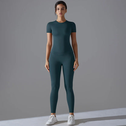 Yoga Set Women Workout Set Sportswear Gym Clothing Fitness Shorts Sleeve Crop Top High Waist Leggings Sports Suits