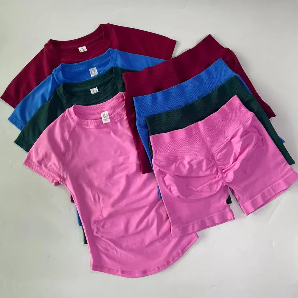 2 Piece Yoga Set Women Outfit Longline Short Sleeve Gym Crop Top High Waist Workout Shorts Sports Suit Fitness Clothes Gym Set