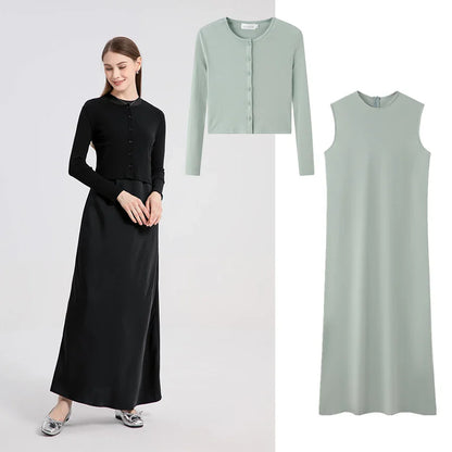 woman clothing high Stretch ribbing closed-fit wrap tops + Matte Satin dress Maxi matching sets (ship out in 1 day)