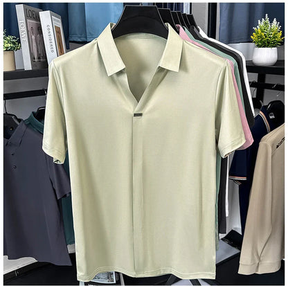 High quality ice silk short sleeve T-shirt men's lapel top trendy brand design cool silky breathable summer casual polo shirt