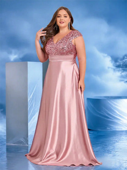 Plus Size Elegant V-Neck Green Sequin Evening Dress Long Luxury Women Satin Short Sleeves Party Prom Cocktail Prom