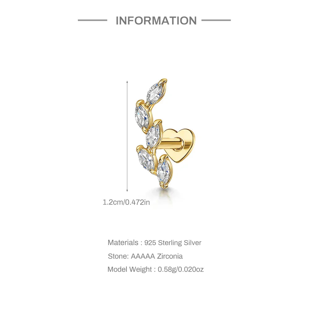 1PC 925 Sterling Silver Crown Horse Eye Zircon Heart Flat Head Cartilage Piercing Stud Earring For Women Claasic Earring