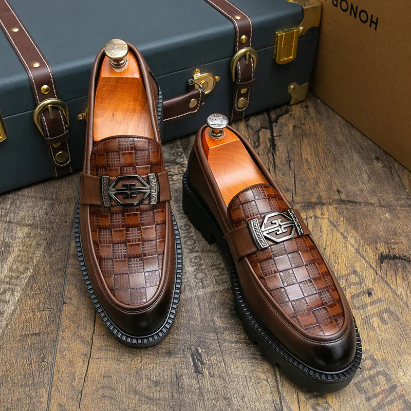 Men Loafers PU Thick Sole Round Toe Checkered Pattern Fashionable Classic Business Formal Shoes