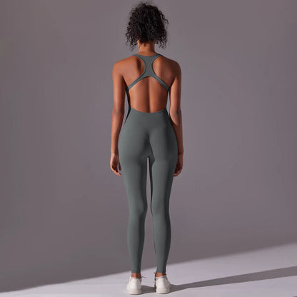 Backless Yoga Bodysuit Women Sports Jumpsuit Fitness Sportswear Workout Set Solid Color Seamless Butt Lifting Yoga Bodysuit