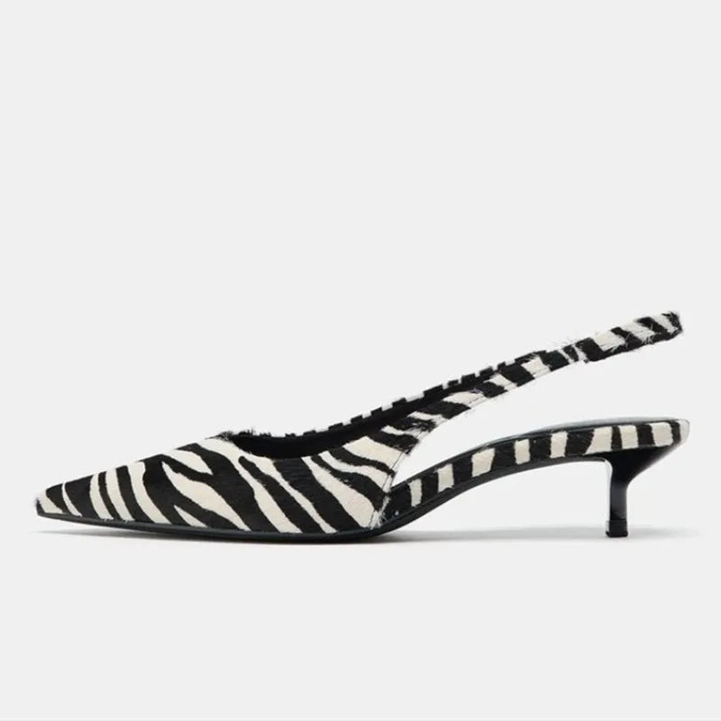 Stylish Zebra Print Design High Heels for Women Sexy Pointed Toe Kitten Heels Sandals Comfortable Street Style Slingback Shoes