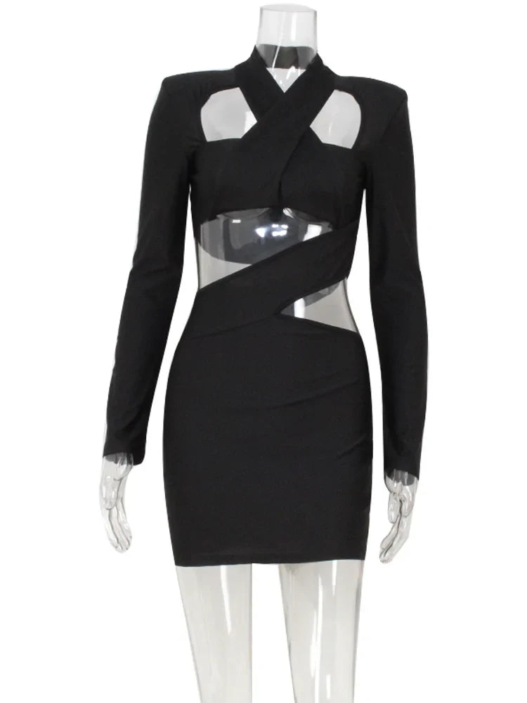 Club Women's Mini Dresses Solid Hollow Out V-Neck Regular Long Sleeves Sheath Bodycon Slim Fit Streetwear Vestidos