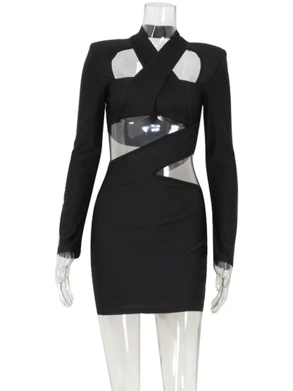 Club Women's Mini Dresses Solid Hollow Out V-Neck Regular Long Sleeves Sheath Bodycon Slim Fit Streetwear Vestidos