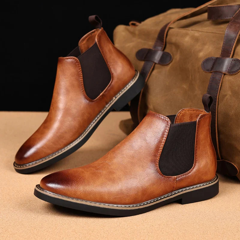 39~47 Men Chelsea Boots Brand Retro Comfortable PU Leather Ankle Boots Men 2025 Fashion Black Brown Mens Boots