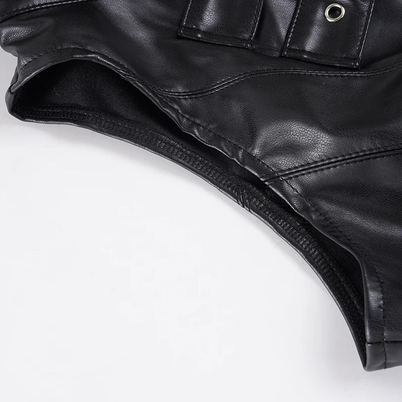 Retro Punk Pu Leather Vest With Sleeve Cover Women Gothic Black Sleeveless Turtleneck Top Y2k Metal Decorative Clothing