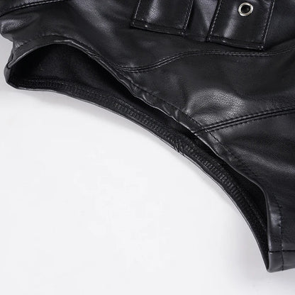 Retro Punk Pu Leather Vest With Sleeve Cover Women Gothic Black Sleeveless Turtleneck Top Y2k Metal Decorative Clothing