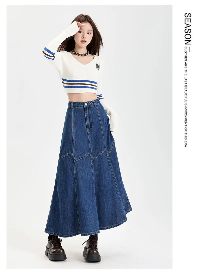 Women Blue A-line Denim Skirt Vintage Aesthetic Y2k Patchwork New Jean Skirt Harajuku Korean Cowboy Skirts 2000s Clothes Summer