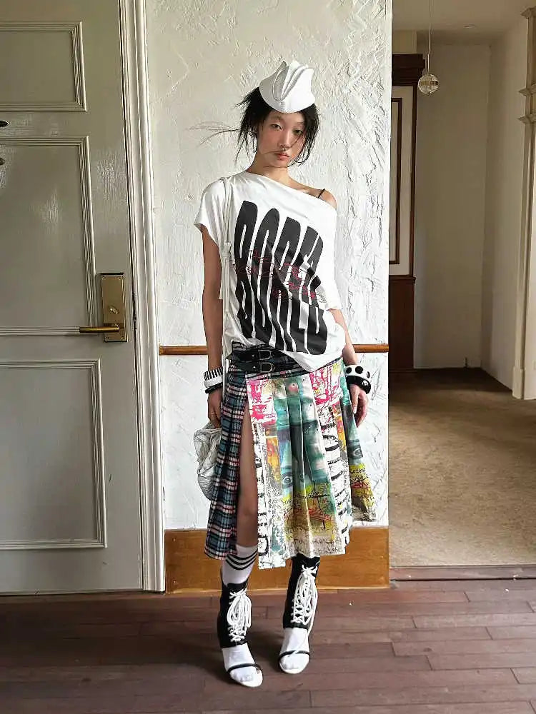 Women's Midi Skirts Tie Dye 2000s Aesthetic Harajuku Japanese Contrast Color Goblin Core American Retro High Street Design New
