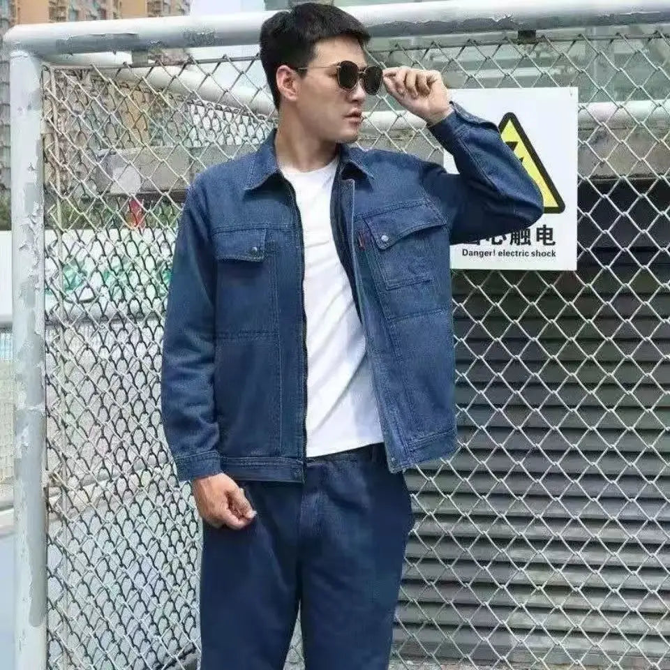 Men's Street Hip Hop Men's Loose Jeans Motorcycle Jacket Two Piece Set Harajuku Pattern Embroidered Jacket Jeans Set