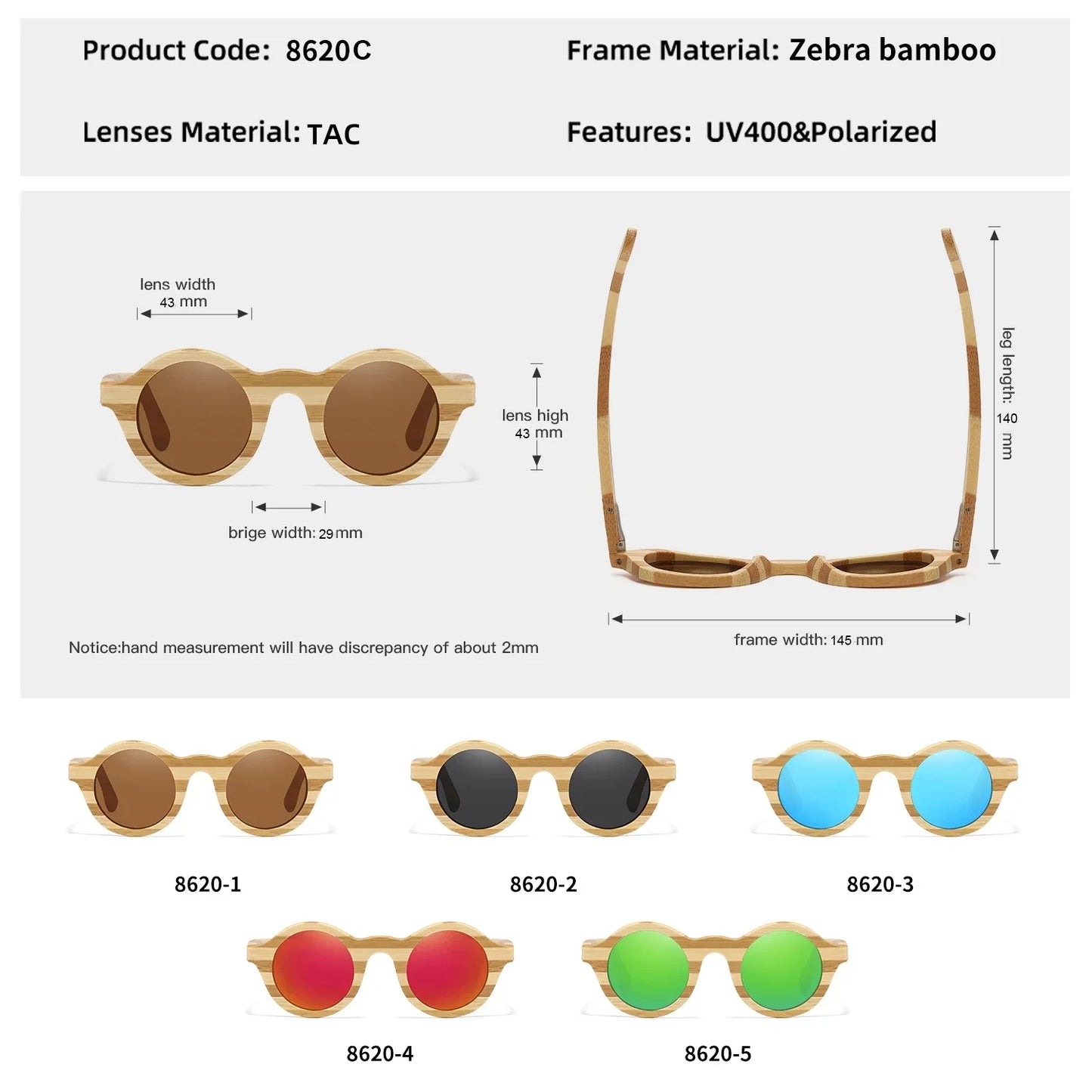 Natural Zebra Bamboo Wooden Aduit Sunglasses Handmade Polarized Glasses Mirror Coating Lenses Eyewear With Gift Box 8620C