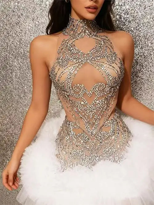Mesh Sexy See Through Cocktail Mini Dress Women Eveing Luxury Birthday Party Singer Nightclub Show Stage Costume