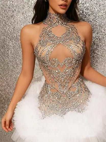 Mesh Sexy See Through Cocktail Mini Dress Women Eveing Luxury Birthday Party Singer Nightclub Show Stage Costume