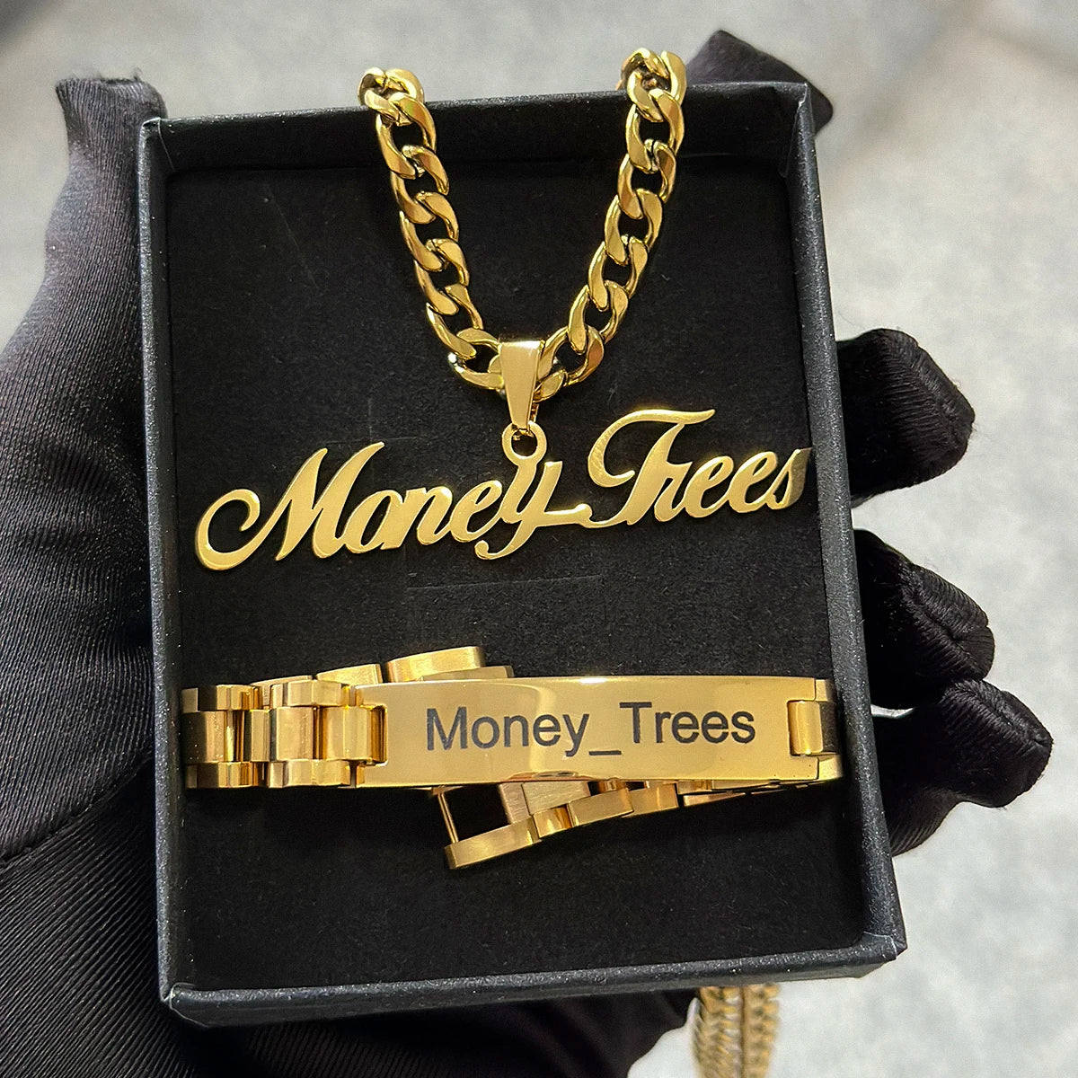 New Men's Name Bracelet Necklace Set Stainless 5mm Cuban Chain Large Nameplate Pendant Carved Name Bracelet Custom Set Jewelry