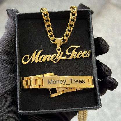 New Men's Name Bracelet Necklace Set Stainless 5mm Cuban Chain Large Nameplate Pendant Carved Name Bracelet Custom Set Jewelry