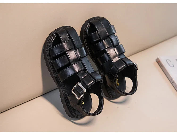 Children Hollow Out Shoes Boys Girls Roman Shoes British Style Non-slip Fashion Kids Toes Capped Shoes Peep Toe Solid Color
