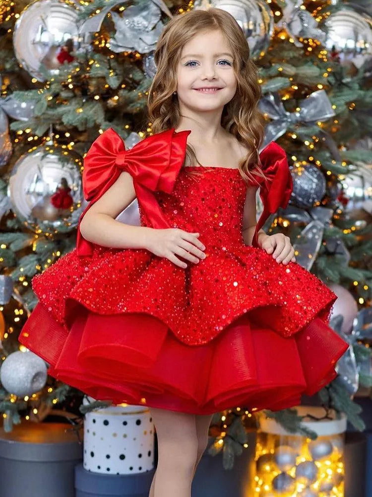 2026 New Christmas Children's Dress Flower Wedding Sequenant Princess Princess Skirt 2-10 years old Red Girl Dress Spot