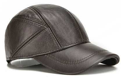 Casual Real Leather Earflap Cap Men's Real Cowhide Leather Caps Male Fall Winter Genuine Real Cow Leather Baseball Hats